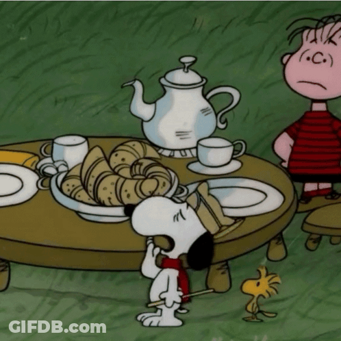 A Cartoon Of Snoopy And Linus Peanuts Having A Tea Party GIF