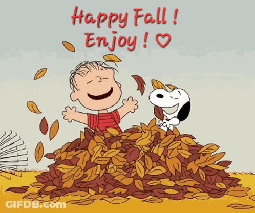A Cartoon Of Snoopy And Linus Playing In A Pile Of Leaves With The Caption Happy Fall Enjoy GIF