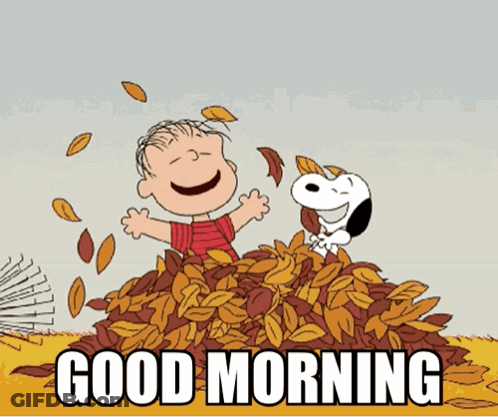 A Cartoon Of Snoopy And Linus Playing In A Pile Of Leaves With The Words Good Morning Written Below Them GIF