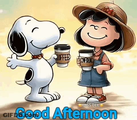 A Cartoon Of Snoopy And Lucy Holding Cups Of Coffee And Saying Good Afternoon . GIF
