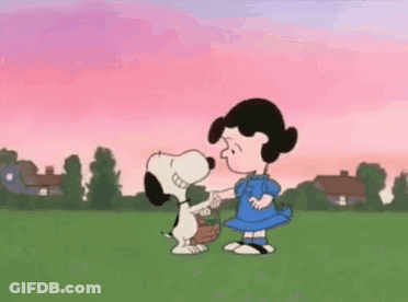 A Cartoon Of Snoopy And Lucy Kissing In A Field GIF