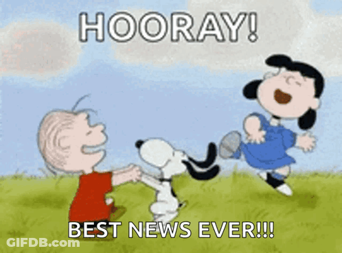A Cartoon Of Snoopy And Lucy Saying " Hooray ! Best News Ever !! " GIF