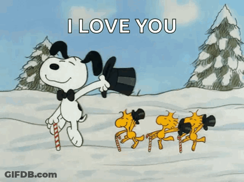 A Cartoon Of Snoopy And Woodstock Dancing In The Snow GIF