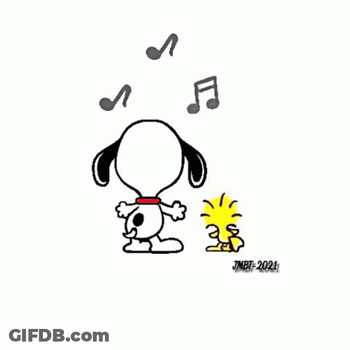 A Cartoon Of Snoopy And Woodstock Dancing With Music Notes . GIF