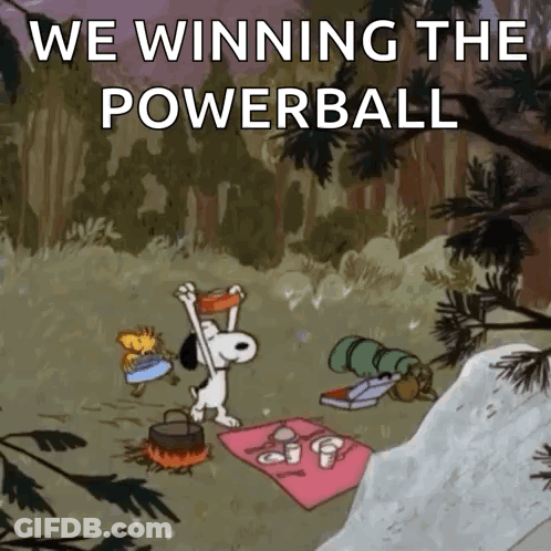 A Cartoon Of Snoopy And Woodstock Having A Picnic In The Woods With The Caption We Winning The Powerball GIF