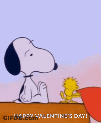 A Cartoon Of Snoopy And Woodstock Holding A Heart In Front Of Their Face . GIF