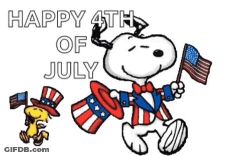 A Cartoon Of Snoopy And Woodstock Holding American Flags And The Words Happy 4Th Of July GIF