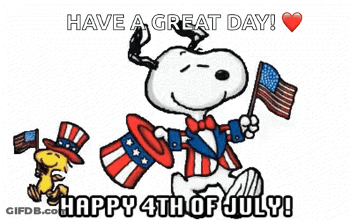 A Cartoon Of Snoopy And Woodstock Holding American Flags On A Red Background GIF