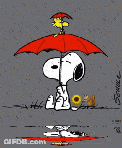 A Cartoon Of Snoopy And Woodstock Holding An Umbrella In The Rain By Schulz GIF