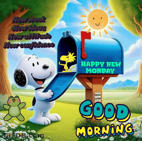 A Cartoon Of Snoopy And Woodstock In A Mailbox With The Words Happy New Monday GIF