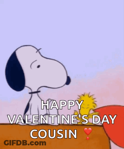 A Cartoon Of Snoopy And Woodstock Kissing A Heart With The Words Happy Valentine 'S Day Cousin GIF