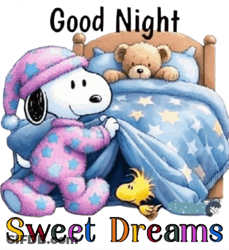 A Cartoon Of Snoopy And Woodstock Saying " Good Night Sweet Dreams " GIF