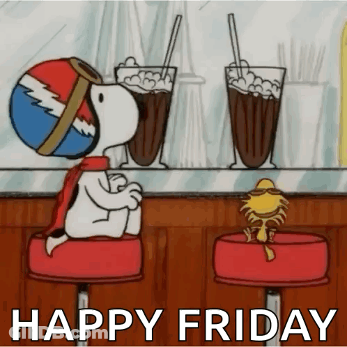 A Cartoon Of Snoopy And Woodstock Sitting At A Bar With A Happy Friday Message GIF