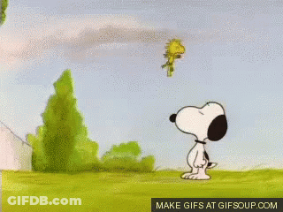 A Cartoon Of Snoopy And Woodstock Standing In A Grassy Field With Trees In The Background .. GIF