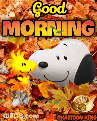 A Cartoon Of Snoopy And Woodstock With The Words Good Morning GIF