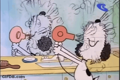 A Cartoon Of Snoopy Blow Drying His Hair In Front Of A Mirror In A Bathroom . GIF