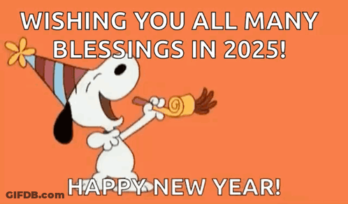 A Cartoon Of Snoopy Blowing A Horn With The Words Wishing You All Many Blessings In 2025 GIF