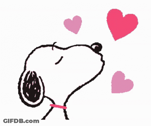 A Cartoon Of Snoopy Blowing A Kiss With Pink Hearts Around Him GIF