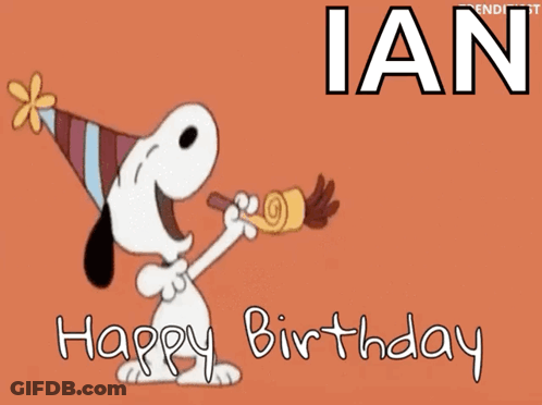 A Cartoon Of Snoopy Blowing A Party Horn With The Name Ian Below Him GIF
