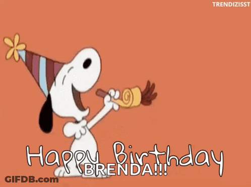 A Cartoon Of Snoopy Blowing A Party Horn With The Words Happy Birthday Brenda Written Below Him GIF