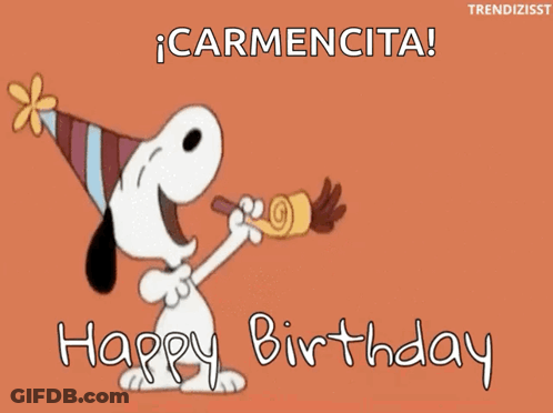 A Cartoon Of Snoopy Blowing A Party Horn With The Words Happy Birthday Written Below Him GIF