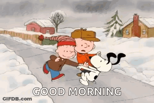 A Cartoon Of Snoopy , Charlie Brown , And A Dog Walking Down A Snowy Road . GIF