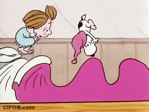 A Cartoon Of Snoopy , Charlie Brown , And A Girl Standing On A Bed With A Pink Blanket . GIF