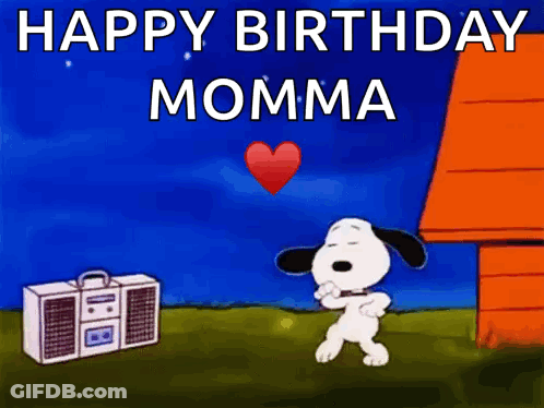A Cartoon Of Snoopy Dancing In Front Of A Boombox With The Words Happy Birthday Momma GIF
