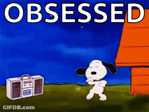A Cartoon Of Snoopy Dancing In Front Of A Boombox With The Words `` Obsessed '' Written On It . GIF