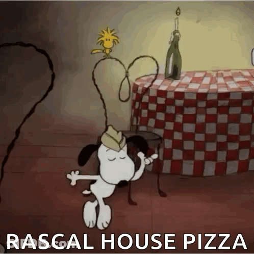 A Cartoon Of Snoopy Dancing In Front Of A Checkered Table Cloth With The Words Rascal House Pizza GIF