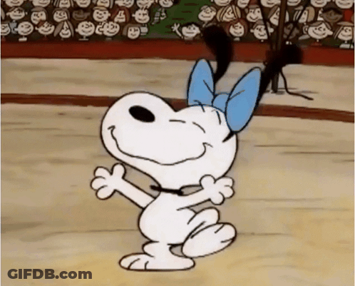 A Cartoon Of Snoopy Dancing In Front Of A Crowd Of People GIF