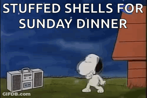 A Cartoon Of Snoopy Dancing In Front Of A Radio With The Words Stuffed Shells For Sunday Dinner . GIF