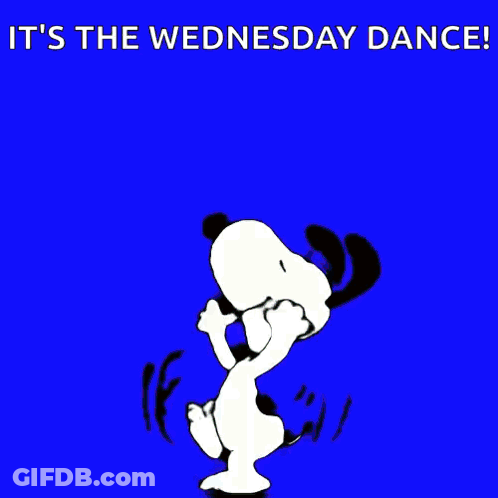 A Cartoon Of Snoopy Dancing On A Green Background With The Words It 'S The Wednesday Dance GIF