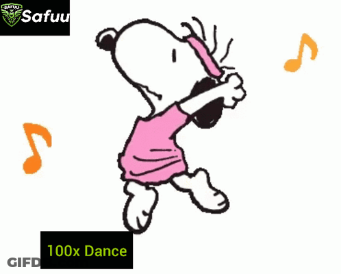 A Cartoon Of Snoopy Dancing With The Words 100X Dance Behind Him GIF
