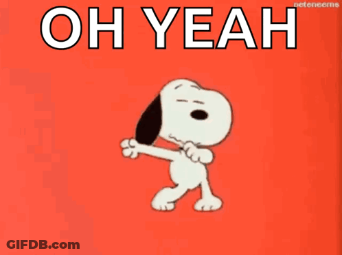 A Cartoon Of Snoopy Dancing With The Words Oh Yeah Written Above Him GIF