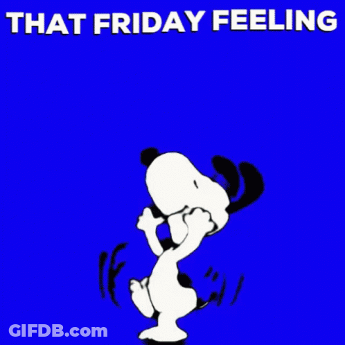A Cartoon Of Snoopy Dancing With The Words That Friday Feeling GIF