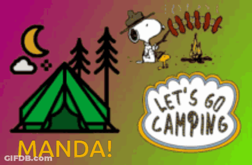 A Cartoon Of Snoopy Eating Sausages Next To A Tent And The Words Let 'S Go Camping GIF