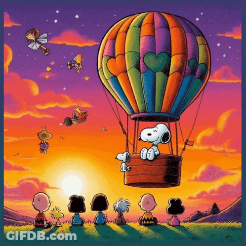 A Cartoon Of Snoopy Flying In A Hot Air Balloon GIF