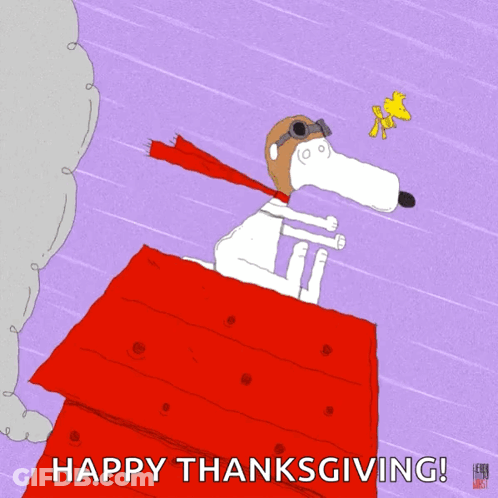 A Cartoon Of Snoopy Flying In The Air With The Words Happy Thanksgiving Below Him GIF