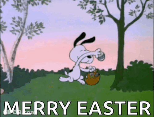 A Cartoon Of Snoopy Holding A Basket With The Words Merry Easter GIF
