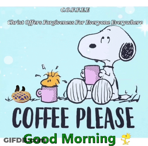 A Cartoon Of Snoopy Holding A Cup Of Coffee And A Pie GIF