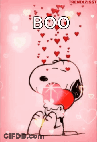 A Cartoon Of Snoopy Holding A Heart With The Words Boo Written Above Him GIF