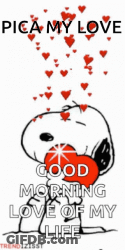 A Cartoon Of Snoopy Holding A Heart With The Words Good Morning Love Of My Life Below It GIF