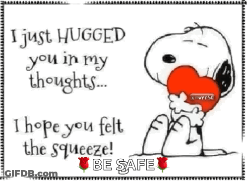 A Cartoon Of Snoopy Holding A Heart With The Words " I Just Hugged You In My Thoughts " Written On It GIF