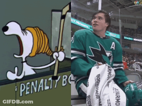 A Cartoon Of Snoopy Holding A Hockey Stick Next To A Hockey Player In A Penalty Box GIF