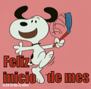 A Cartoon Of Snoopy Holding A Kite With The Words Feliz Inicio De Mes Above Him GIF