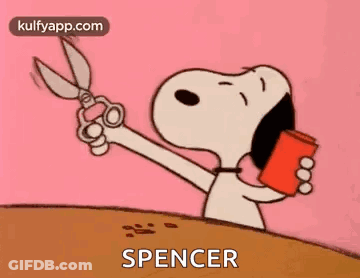 A Cartoon Of Snoopy Holding A Pair Of Scissors And A Red Can . GIF