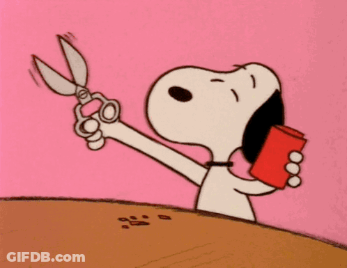A Cartoon Of Snoopy Holding A Pair Of Scissors And A Red Can GIF
