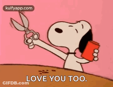 A Cartoon Of Snoopy Holding A Pair Of Scissors And A Red Cup . GIF