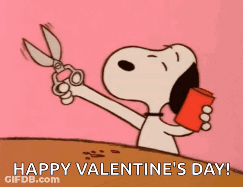 A Cartoon Of Snoopy Holding A Pair Of Scissors With The Words Happy Valentine 'S Day Written Below Him GIF